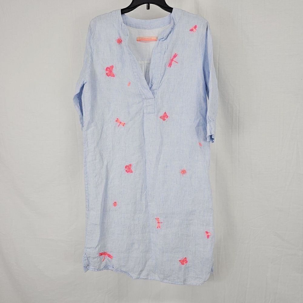 Vilagallo Blue White Pin Stripe Linen Women's Size 36 US 4 Butterfly Embroidered